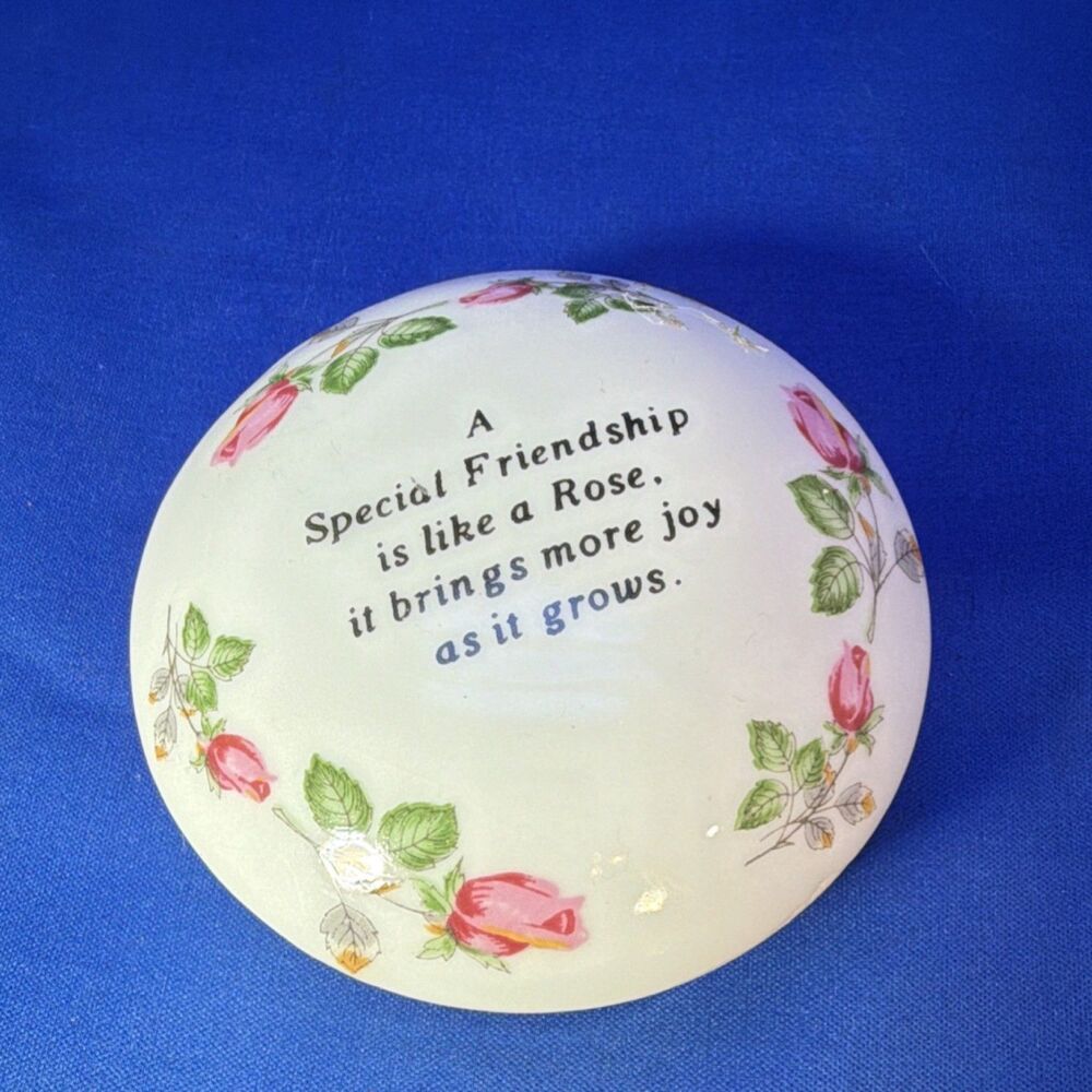 Takahashi Style Rose Floral Friendship Quote Porcelain Lidded Trinket Box